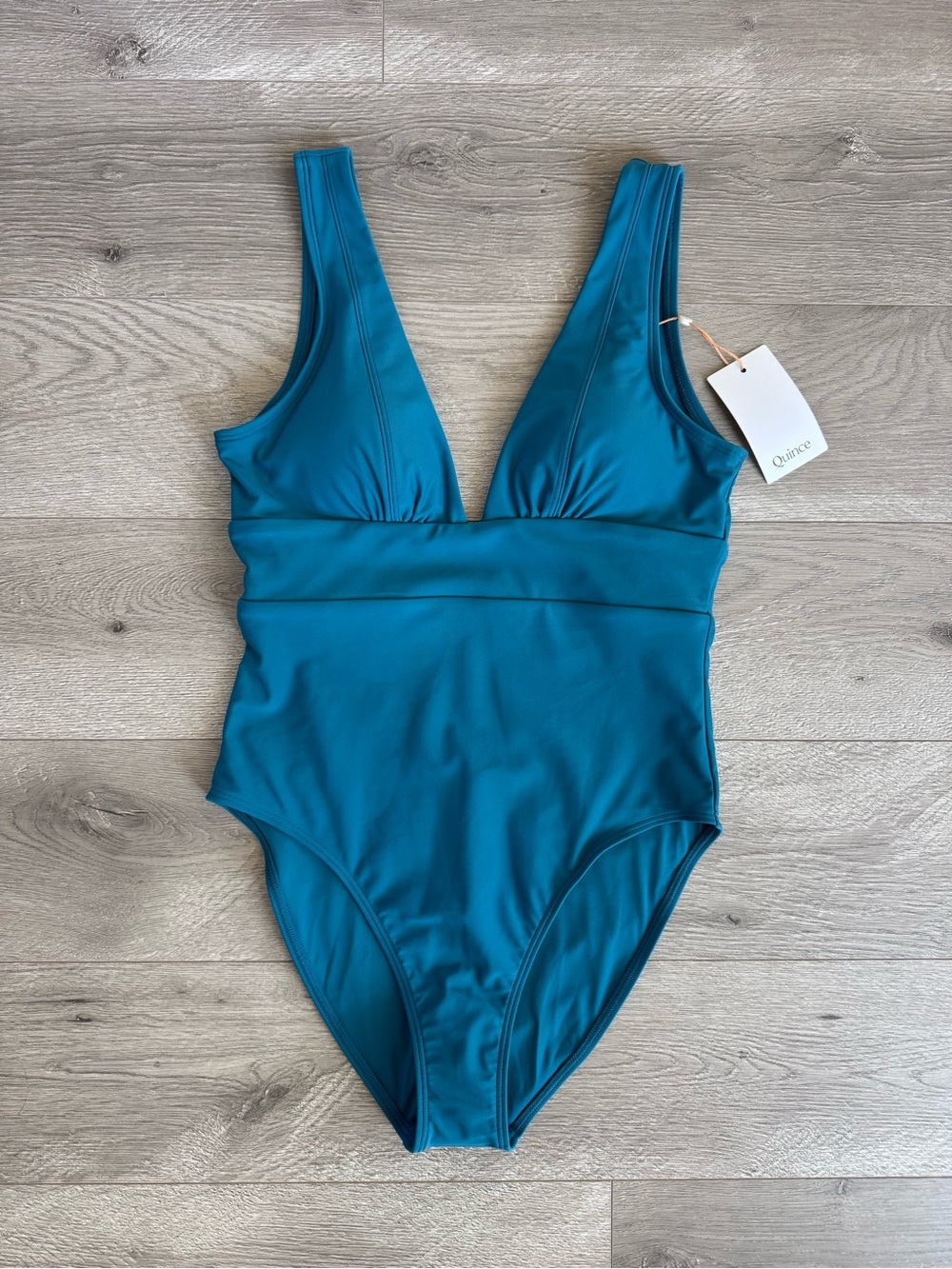 Quince Italian Plunge One Piece Swimsuit Lagoon Teal Blue Size Medium - Picture 2 of 9